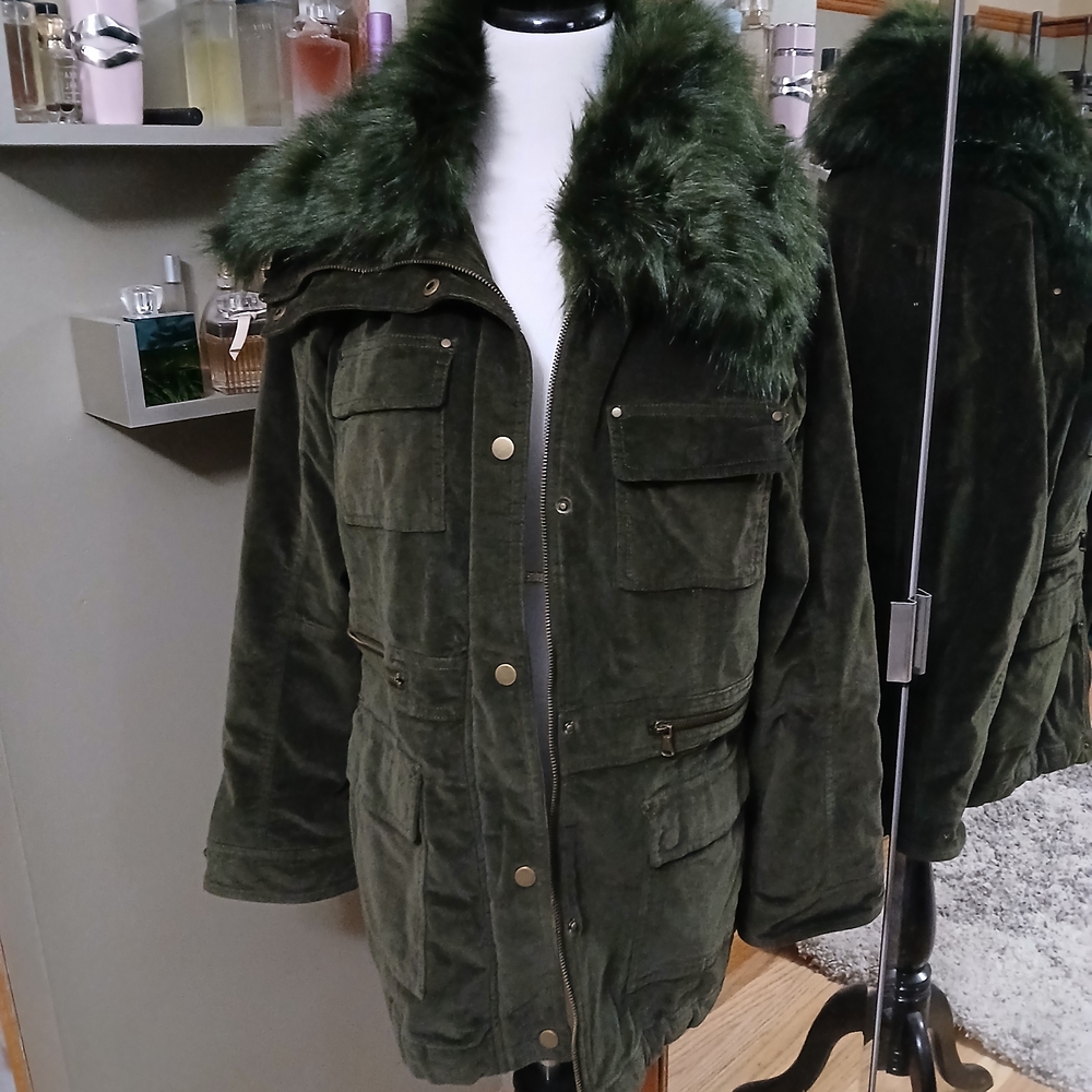 New York & Company Dark Green Utility Jacket with Faux Fur